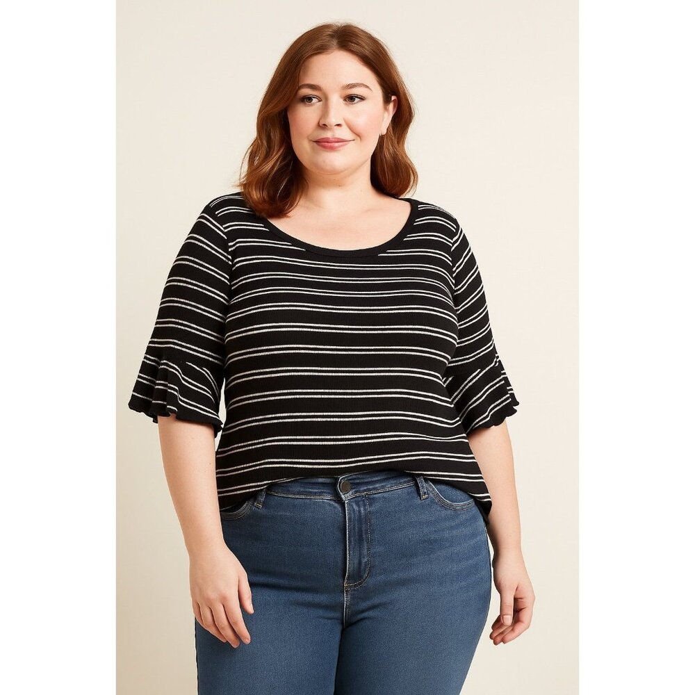 ModCloth Black & White Striped Knit Top –Bell Sleeve Stretch Pullover Size 1X